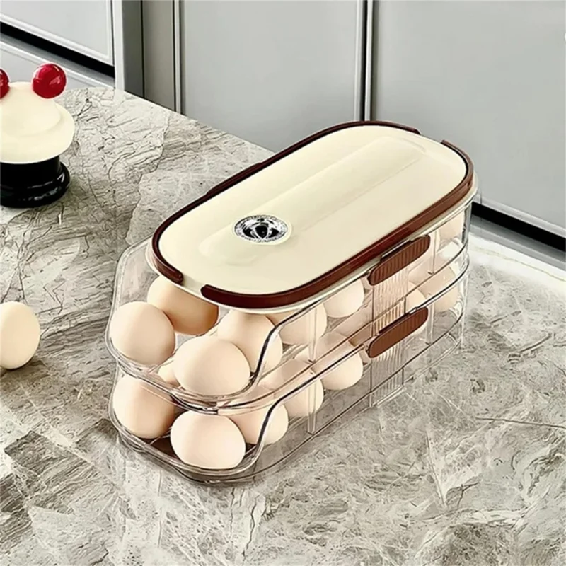 2 niveles, doble fila, contenedor de almacenamiento de huevos con rodadura automática, caja organizadora de huevos de plástico apilable para refrigerador - transparente