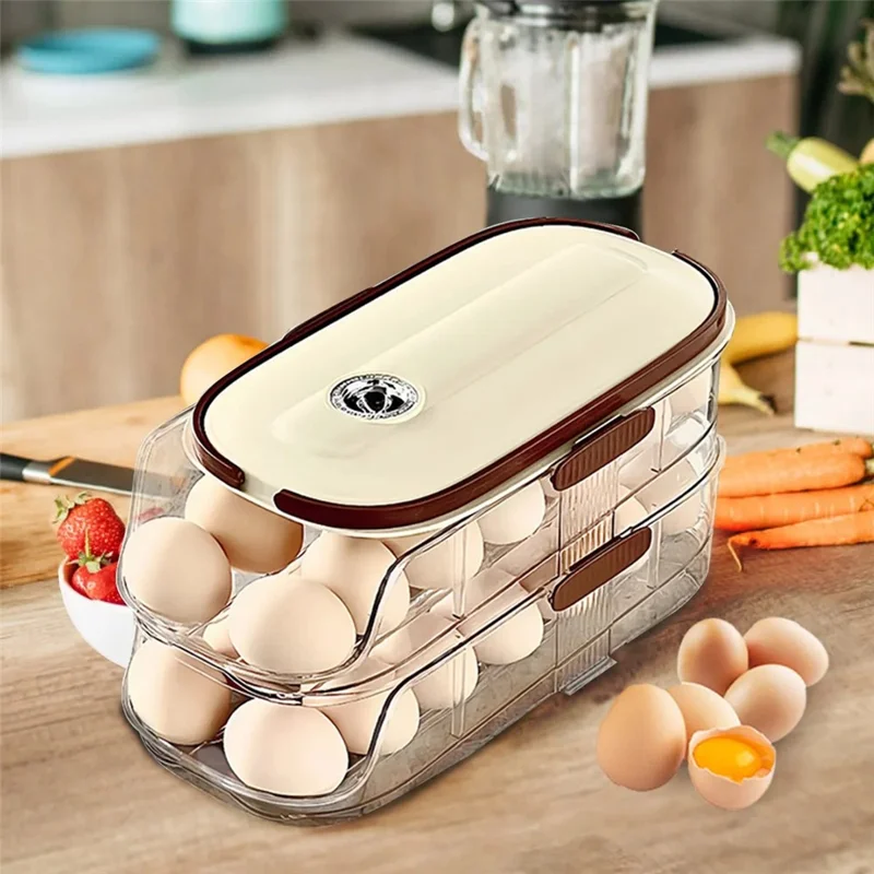 2 niveles, doble fila, contenedor de almacenamiento de huevos con rodadura automática, caja organizadora de huevos de plástico apilable para refrigerador - transparente