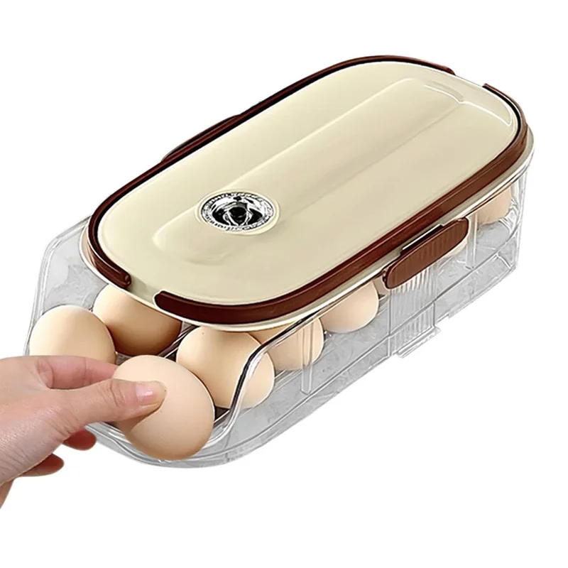 Contenedor de almacenamiento de huevos con rodillo automático de una sola capa y doble fila, caja organizadora de plástico apilable para refrigerador - Transparente
