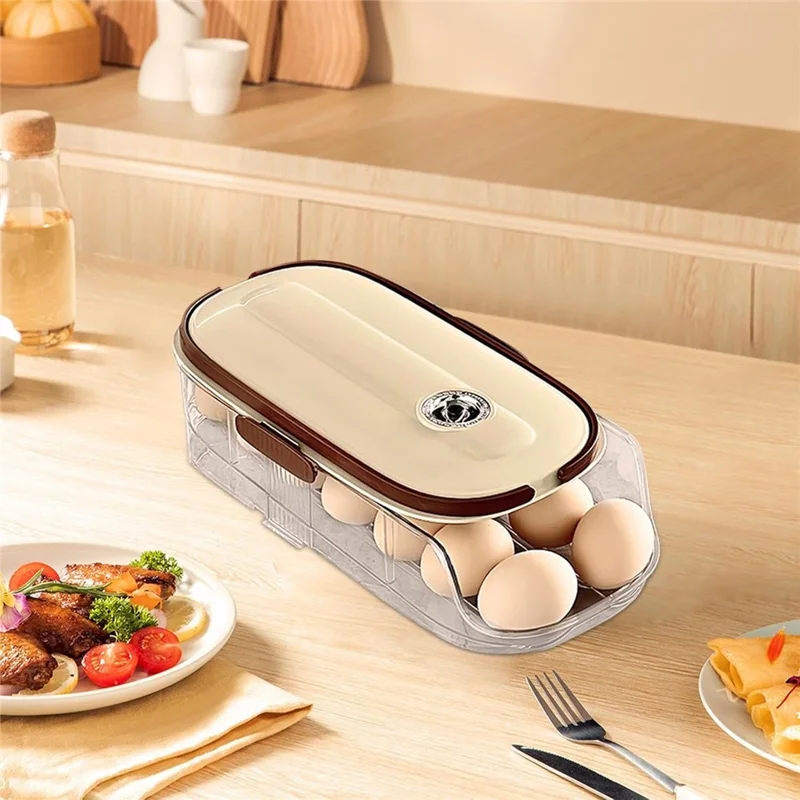 Contenedor de almacenamiento de huevos con rodillo automático de una sola capa y doble fila, caja organizadora de plástico apilable para refrigerador - Transparente