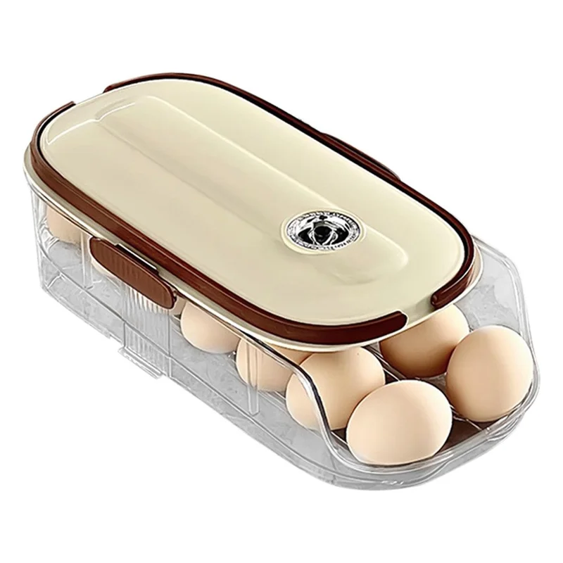 Contenedor de almacenamiento de huevos con rodillo automático de una sola capa y doble fila, caja organizadora de plástico apilable para refrigerador - Transparente
