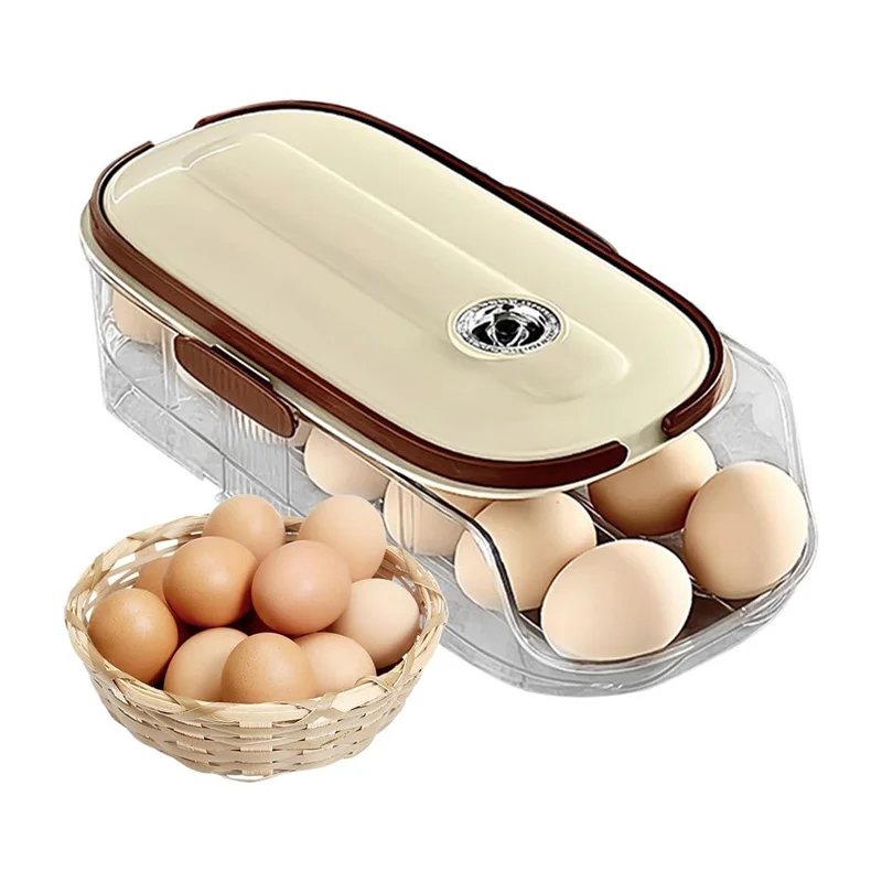 Contenedor de almacenamiento de huevos con rodillo automático de una sola capa y doble fila, caja organizadora de plástico apilable para refrigerador - Transparente