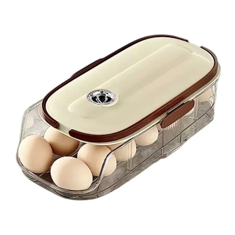 Contenedor de almacenamiento de huevos con rodillo automático de una sola capa y doble fila, caja organizadora de plástico apilable para refrigerador - Transparente