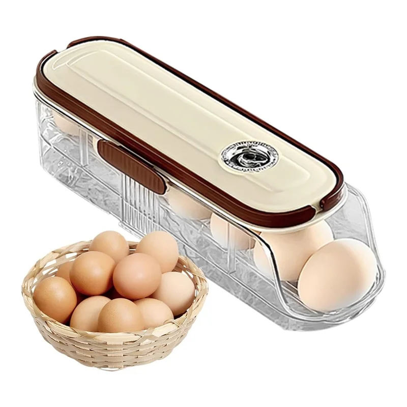 Contenedor de almacenamiento de huevos con rodillo automático de una sola capa y fila, caja organizadora de plástico apilable para refrigerador - Transparente