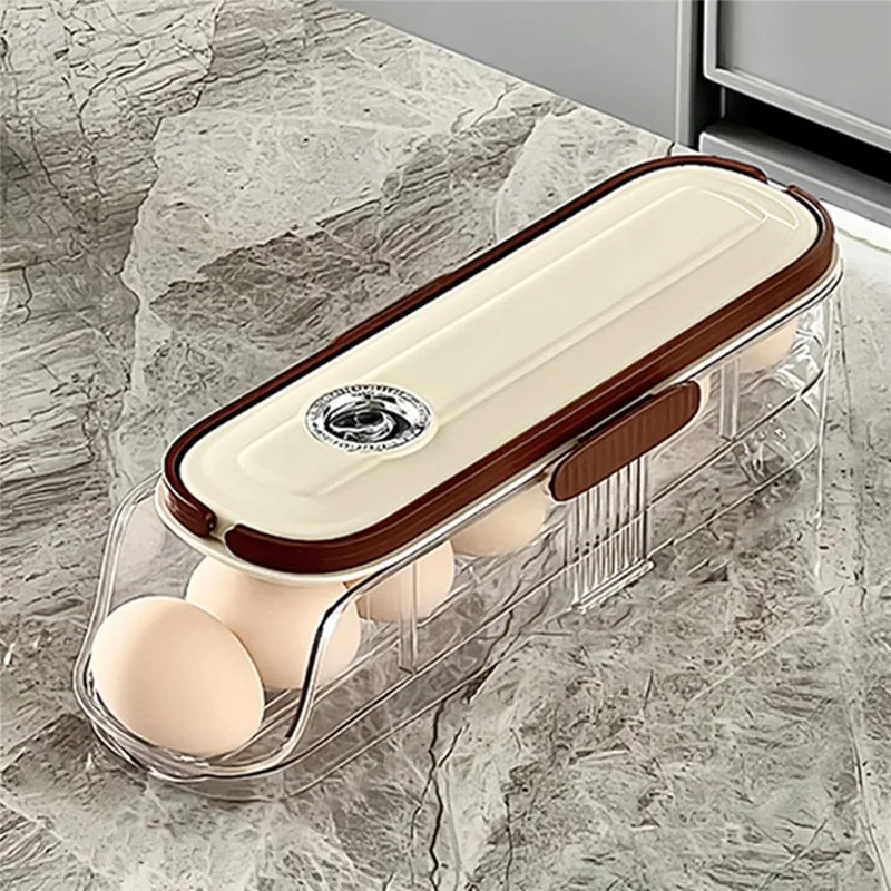 Contenedor de almacenamiento de huevos con rodillo automático de una sola capa y fila, caja organizadora de plástico apilable para refrigerador - Transparente