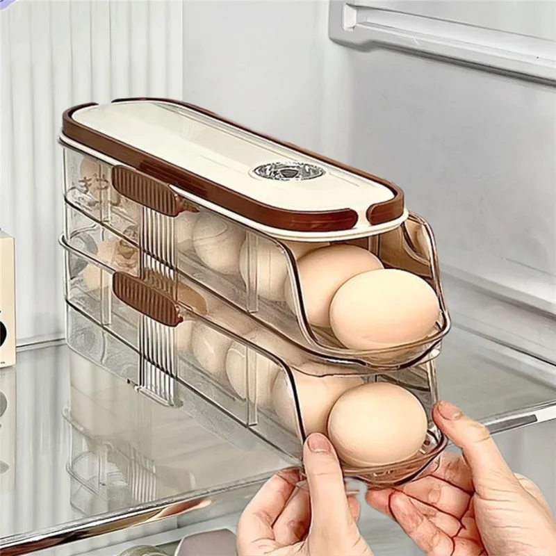 2 niveles, fila individual, contenedor de almacenamiento de huevos con rodillo automático, caja organizadora de plástico apilable para refrigerador - transparente