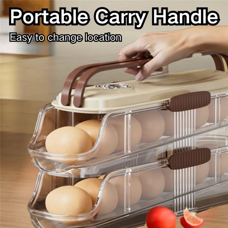 2 niveles, fila individual, contenedor de almacenamiento de huevos con rodillo automático, caja organizadora de plástico apilable para refrigerador - transparente