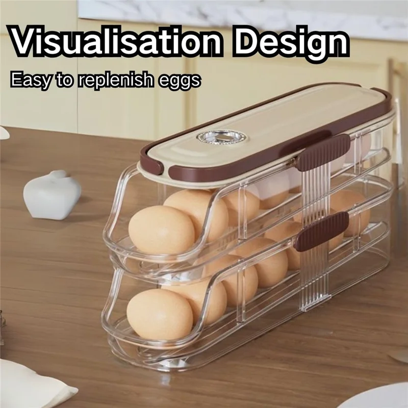 2 niveles, fila individual, contenedor de almacenamiento de huevos con rodillo automático, caja organizadora de plástico apilable para refrigerador - transparente