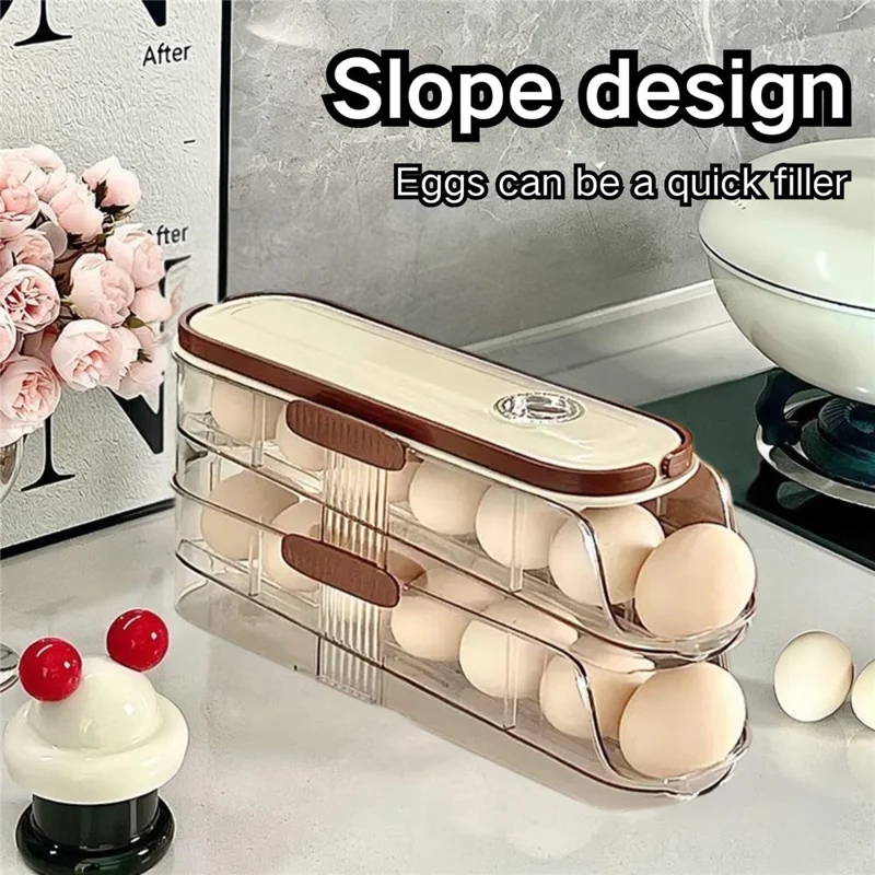 2 niveles, fila individual, contenedor de almacenamiento de huevos con rodillo automático, caja organizadora de plástico apilable para refrigerador - transparente