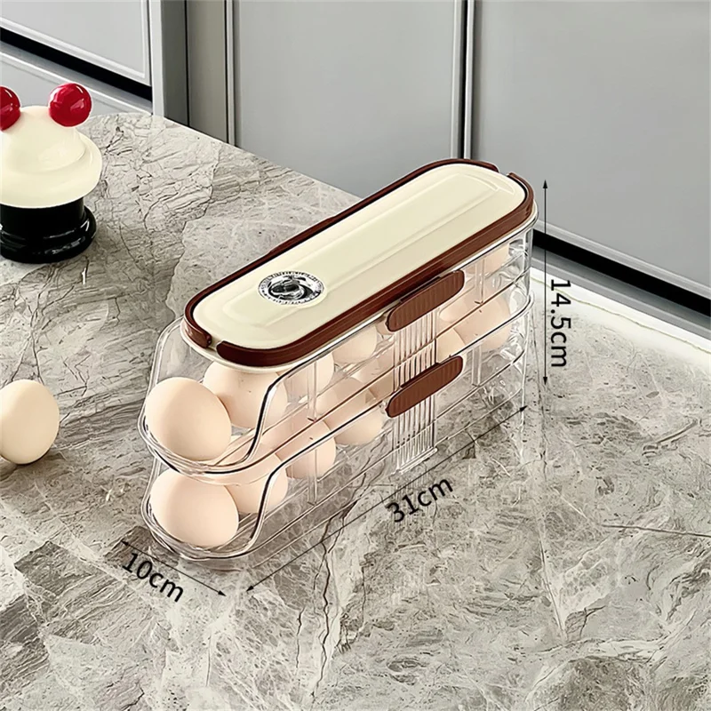 2 niveles, fila individual, contenedor de almacenamiento de huevos con rodillo automático, caja organizadora de plástico apilable para refrigerador - transparente