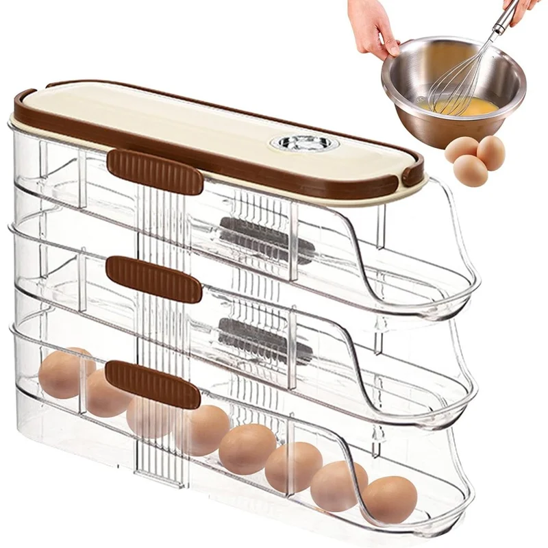 Contenedor de almacenamiento de huevos con rodillo automático de 3 niveles, fila individual, caja organizadora de plástico apilable para refrigerador - Transparente