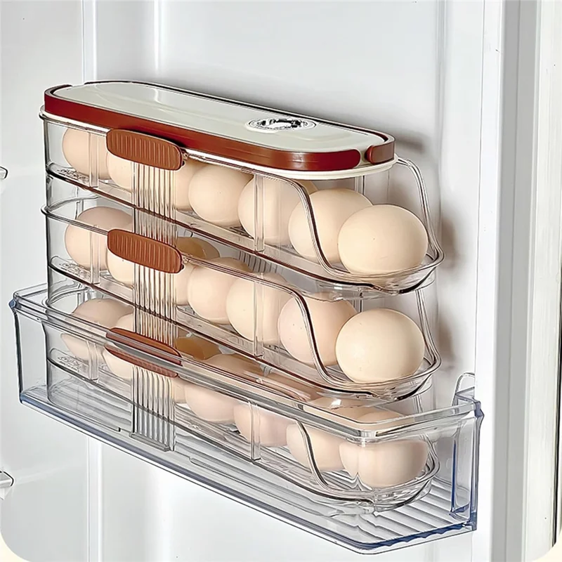 Contenedor de almacenamiento de huevos con rodillo automático de 3 niveles, fila individual, caja organizadora de plástico apilable para refrigerador - Transparente