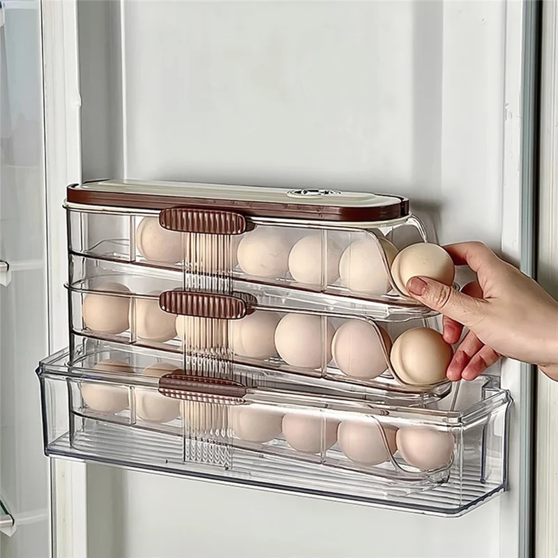 Contenedor de almacenamiento de huevos con rodillo automático de 3 niveles, fila individual, caja organizadora de plástico apilable para refrigerador - Transparente