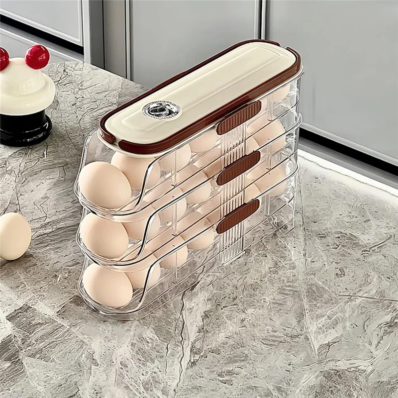 Contenedor de almacenamiento de huevos con rodillo automático de 3 niveles, fila individual, caja organizadora de plástico apilable para refrigerador - Transparente