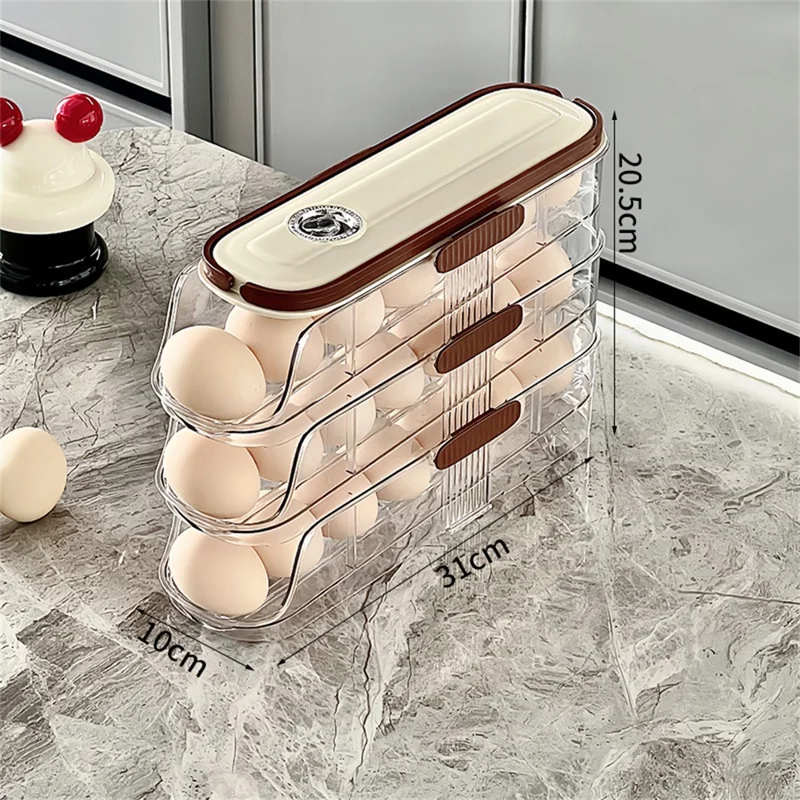 Contenedor de almacenamiento de huevos con rodillo automático de 3 niveles, fila individual, caja organizadora de plástico apilable para refrigerador - Transparente