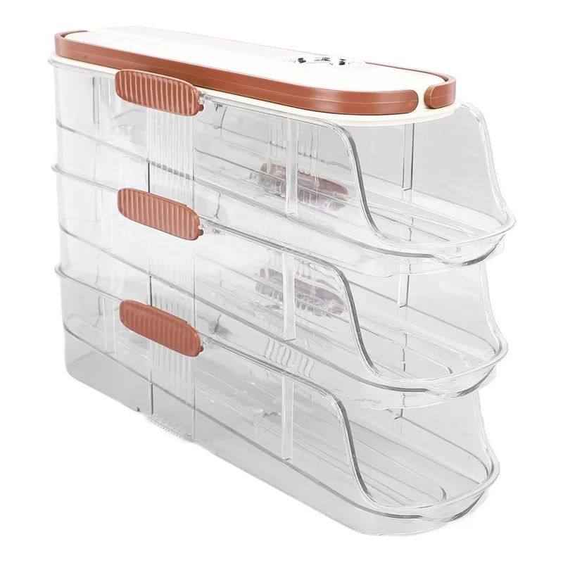Contenedor de almacenamiento de huevos con rodillo automático de 3 niveles, fila individual, caja organizadora de plástico apilable para refrigerador - Transparente