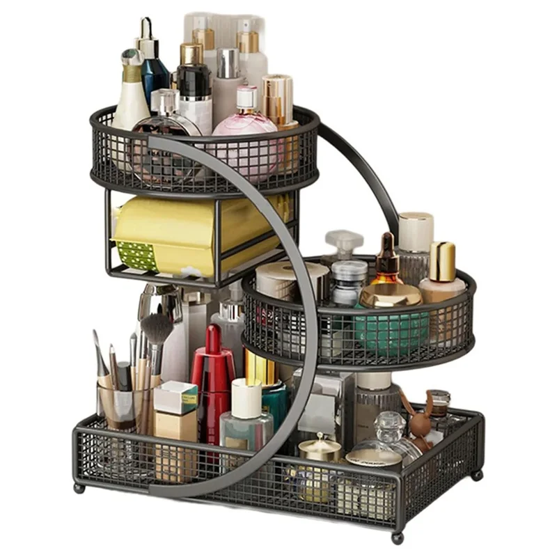 Organizador de maquillaje de 3 niveles con portapañuelos, estante de almacenamiento para cosméticos de escritorio, estante para tocador o encimera de baño - Negro