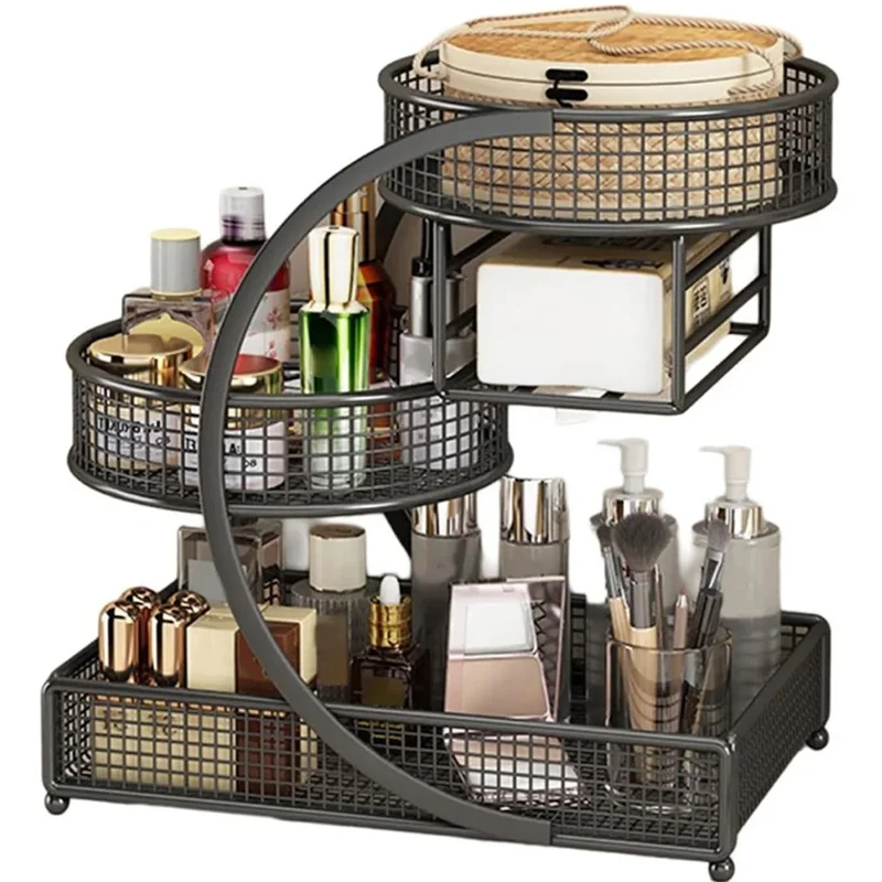 Organizador de maquillaje de 3 niveles con portapañuelos, estante de almacenamiento para cosméticos de escritorio, estante para tocador o encimera de baño - Negro