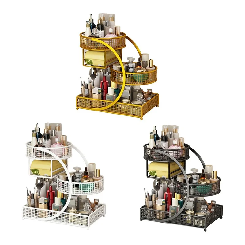 Organizador de maquillaje de 3 niveles con portapañuelos, estante de almacenamiento para cosméticos de escritorio, estante para tocador o encimera de baño - Negro