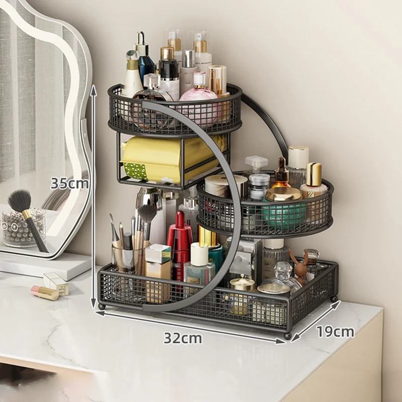 Organizador de maquillaje de 3 niveles con portapañuelos, estante de almacenamiento para cosméticos de escritorio, estante para tocador o encimera de baño - Negro