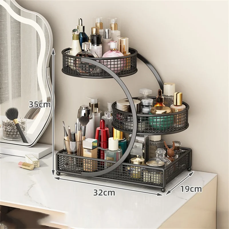 Estante organizador de maquillaje de 3 niveles, soporte de metal para tocador, estante de almacenamiento para encimera, soporte cosmético para baño - Negro