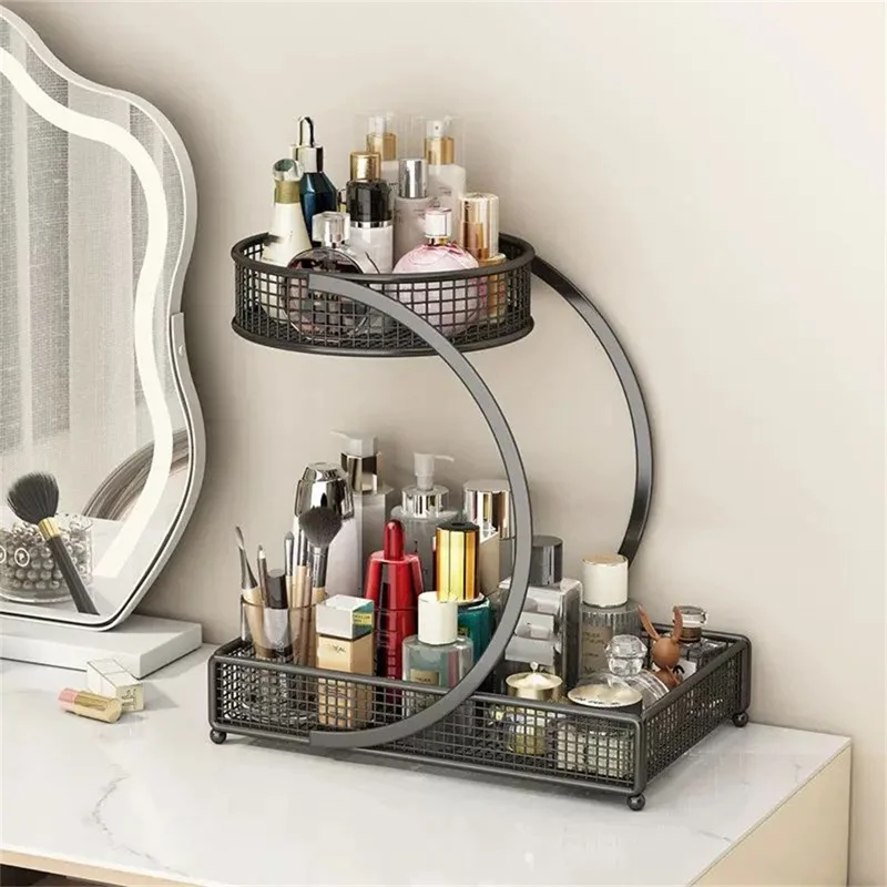 Organizador de maquillaje de 2 niveles, estante de almacenamiento para encimera de vanidad, soporte cosmético de metal para baño - Negro