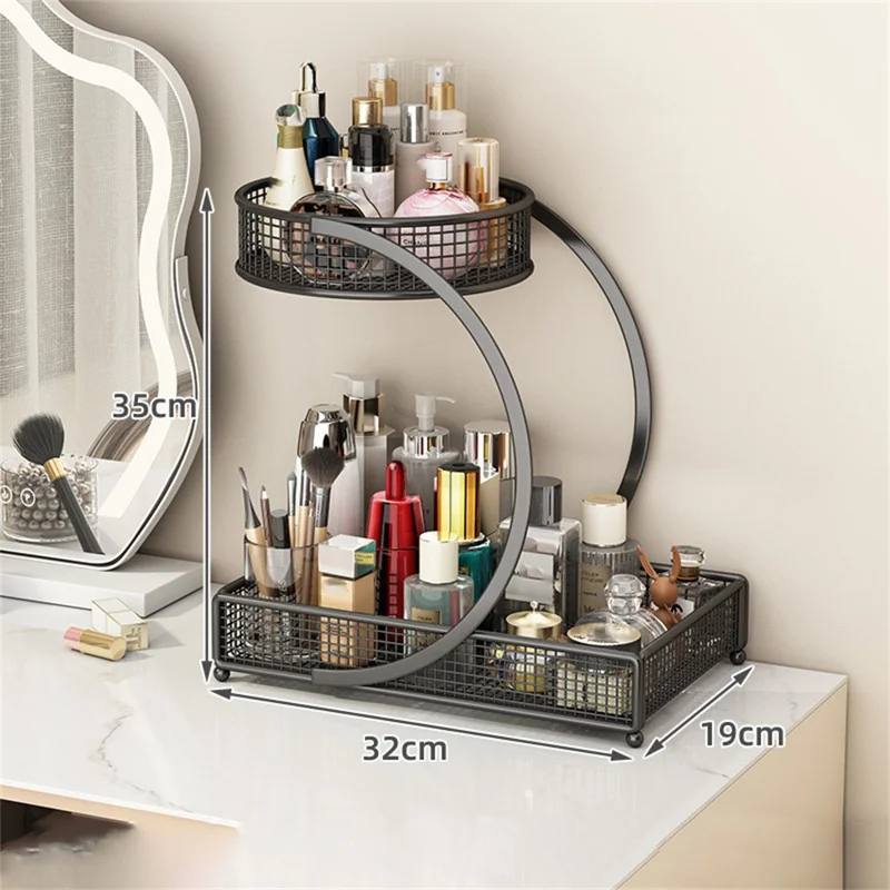 Organizador de maquillaje de 2 niveles, estante de almacenamiento para encimera de vanidad, soporte cosmético de metal para baño - Negro