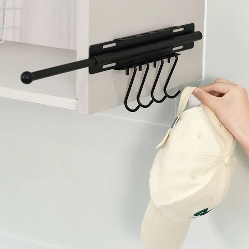 Регулируемая штанга для одежды с 4 крючками, экономия места, настенное крепление, органайзер для шкафа из углеродистой стали, черный цвет