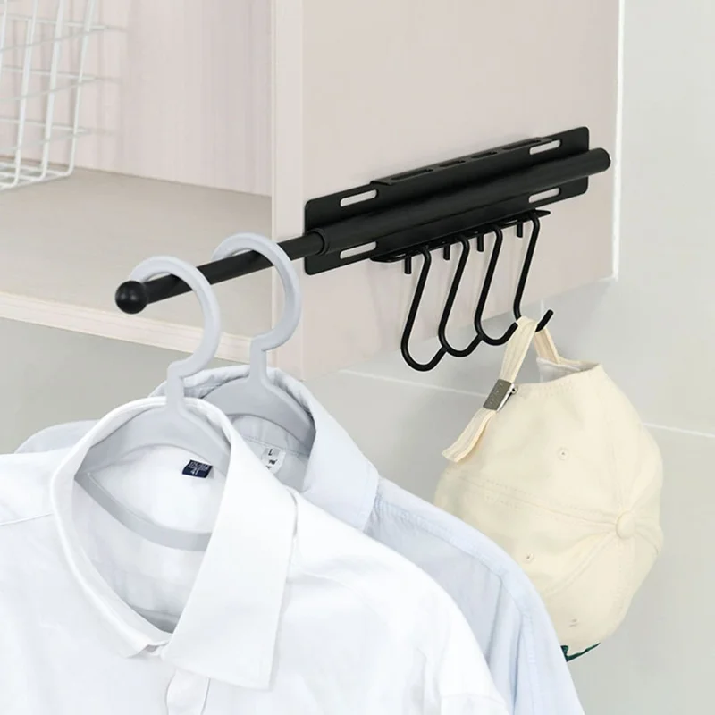 Регулируемая штанга для одежды с 4 крючками, экономия места, настенное крепление, органайзер для шкафа из углеродистой стали, черный цвет