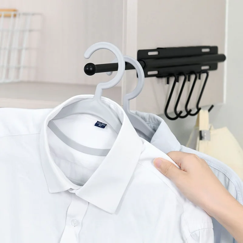 Регулируемая штанга для одежды с 4 крючками, экономия места, настенное крепление, органайзер для шкафа из углеродистой стали, черный цвет