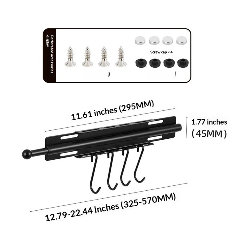 Регулируемая штанга для одежды с 4 крючками, экономия места, настенное крепление, органайзер для шкафа из углеродистой стали, черный цвет