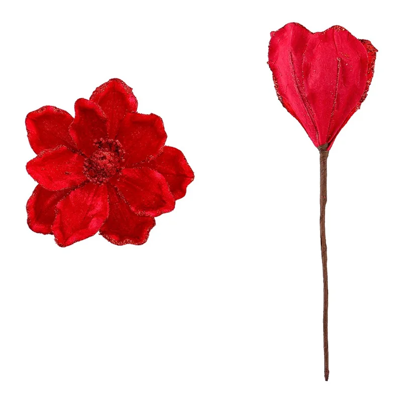 Christmas Artificial Flower Fake Poinsettia Floral Decoration with Stem Xmas Tree Ornament - Red