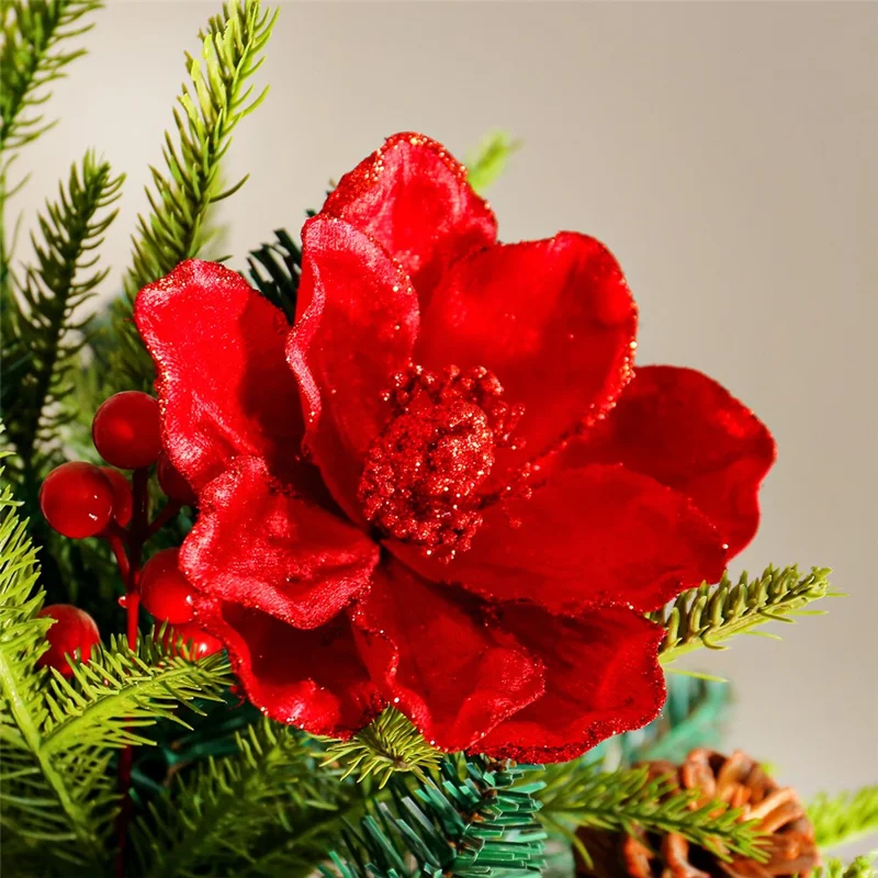 Christmas Artificial Flower Fake Poinsettia Floral Decoration with Stem Xmas Tree Ornament - Red
