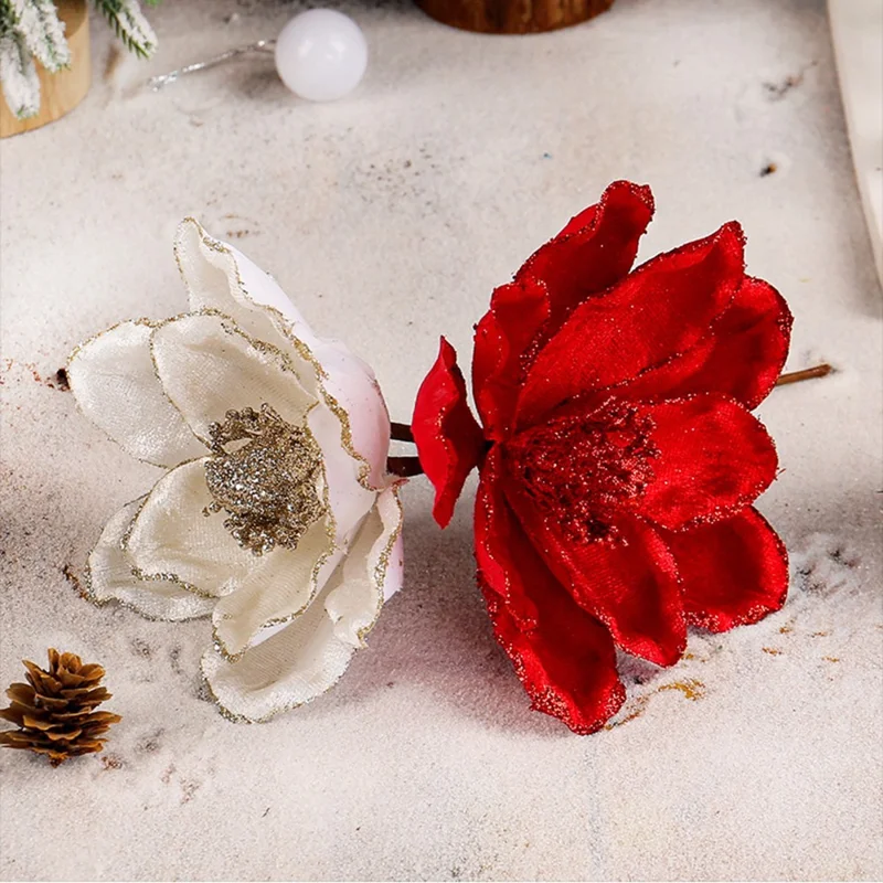 Christmas Artificial Flower Fake Poinsettia Floral Decoration with Stem Xmas Tree Ornament - Red