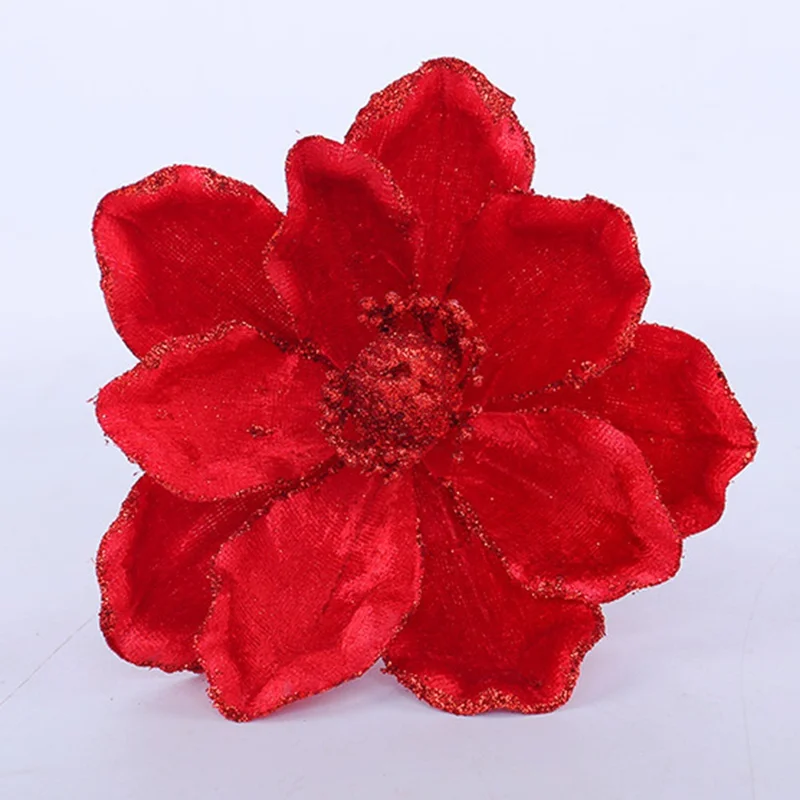 Christmas Artificial Flower Fake Poinsettia Floral Decoration with Stem Xmas Tree Ornament - Red