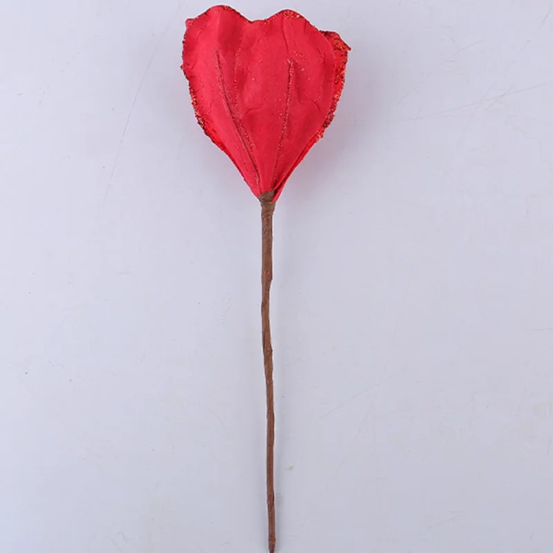 Christmas Artificial Flower Fake Poinsettia Floral Decoration with Stem Xmas Tree Ornament - Red