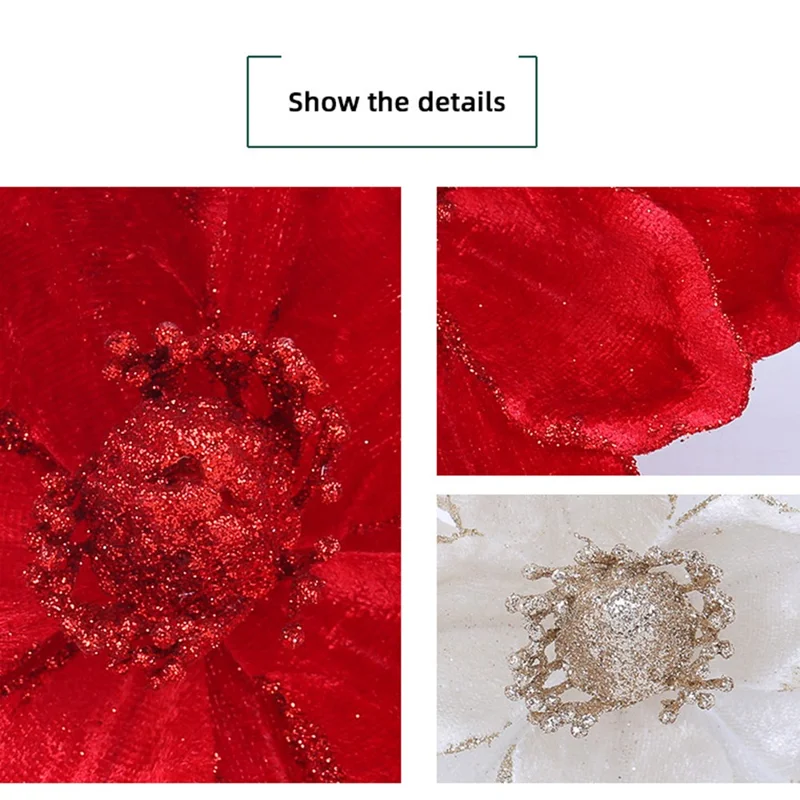 Christmas Artificial Flower Fake Poinsettia Floral Decoration with Stem Xmas Tree Ornament - Red