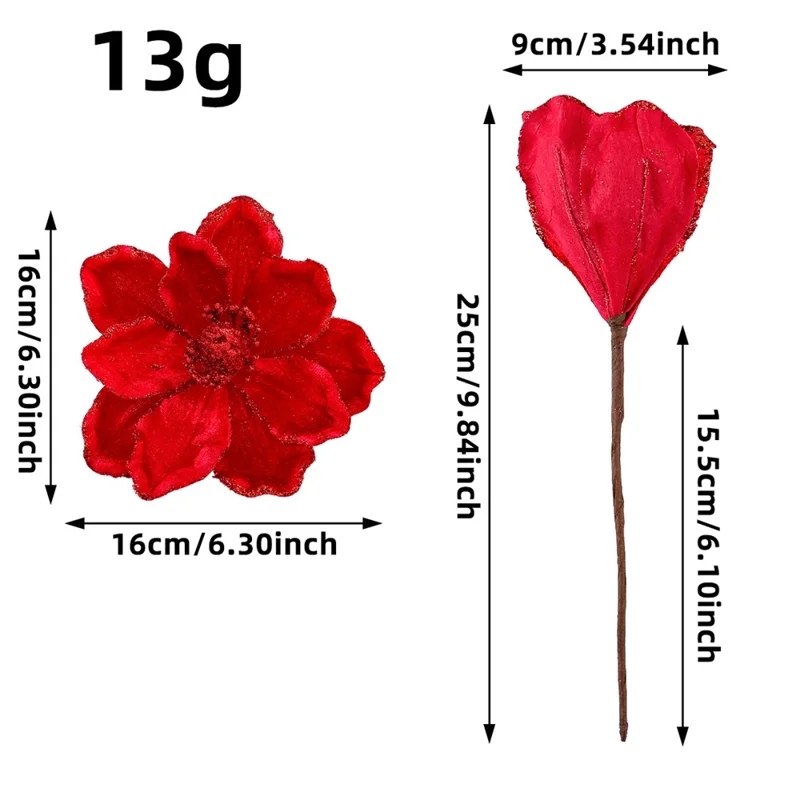 Christmas Artificial Flower Fake Poinsettia Floral Decoration with Stem Xmas Tree Ornament - Red