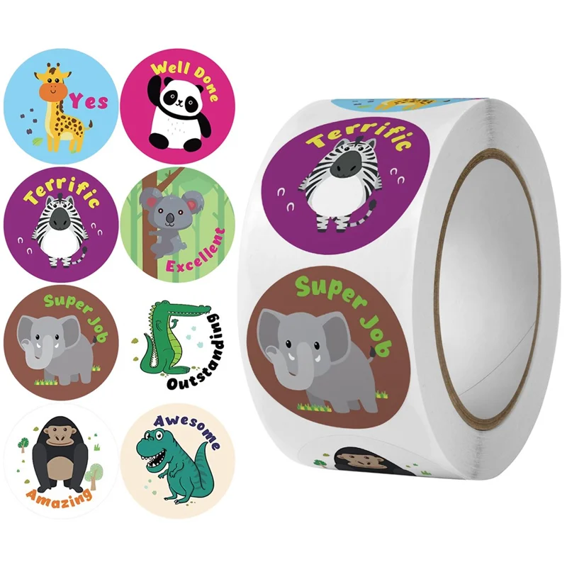 500Pcs / Roll Cartoon Animal Round Stickers Kindergarten Reward Motivational Kids Educational Adhesive Labels - C8