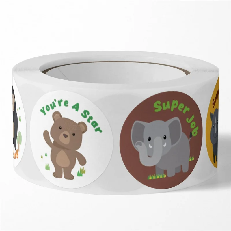 500Pcs / Roll Cartoon Animal Round Stickers Kindergarten Reward Motivational Kids Educational Adhesive Labels - C8
