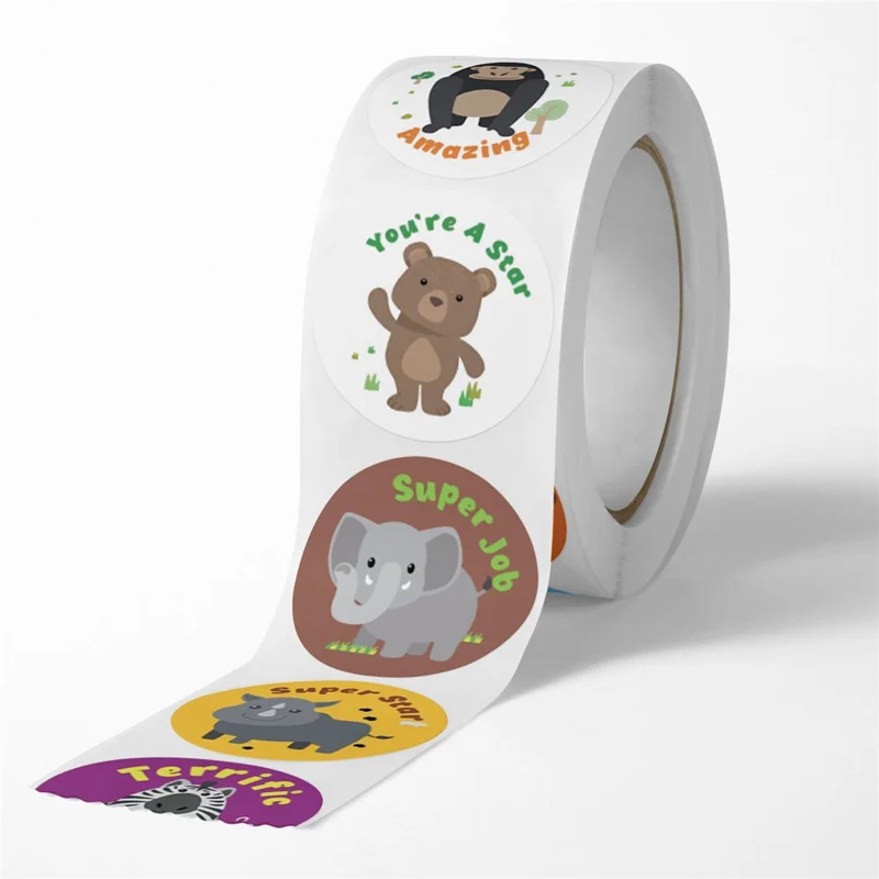 500Pcs / Roll Cartoon Animal Round Stickers Kindergarten Reward Motivational Kids Educational Adhesive Labels - C8