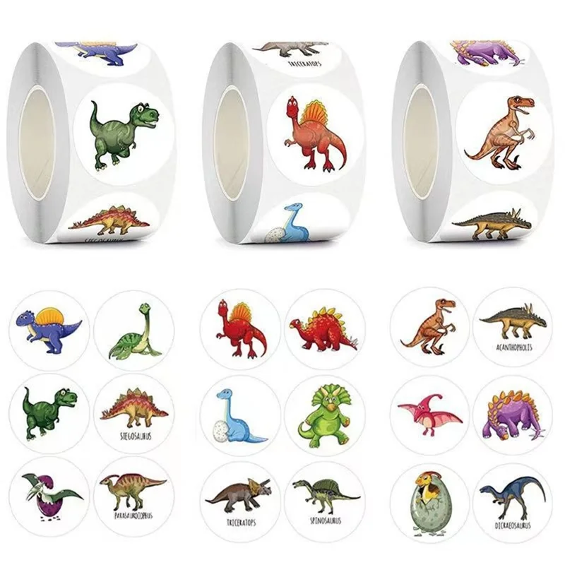 500 шт./рулон, наклейки с мультяшными динозаврами, поощрительные наклейки для детей детского сада — X-061