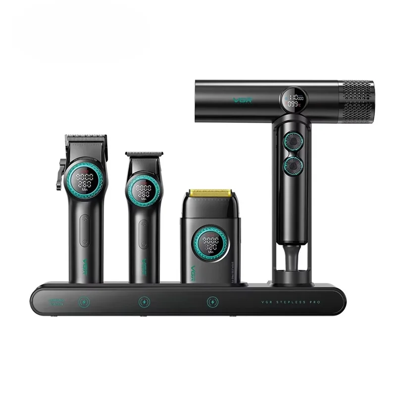 VGR 4 i 1 professionel barberkombi med hårklipper, skægtrimmer, folierazor og hårtørrer – med opladningsdok, EU-stik/kontakt / Sort