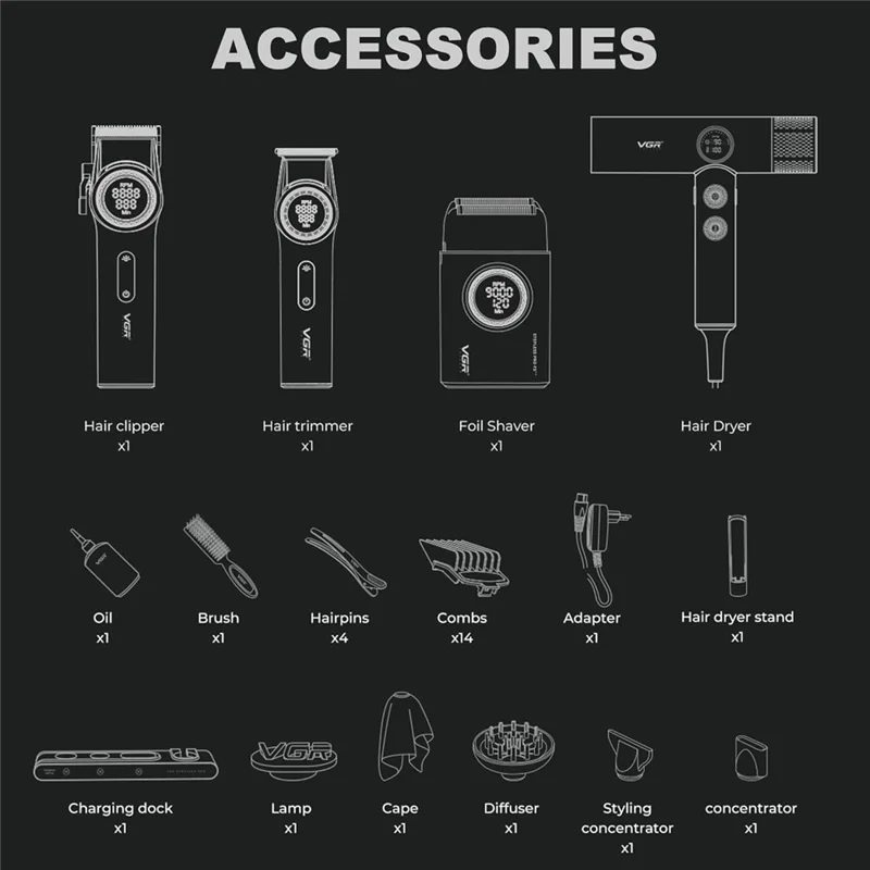 VGR 4 i 1 professionel barberkombi med hårklipper, skægtrimmer, folierazor og hårtørrer – med opladningsdok, EU-stik/kontakt / Sort
