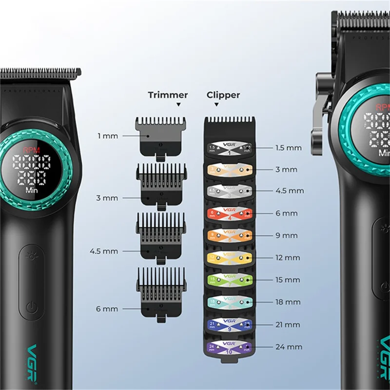 VGR 4 i 1 professionel barberkombi med hårklipper, skægtrimmer, folierazor og hårtørrer – med opladningsdok, EU-stik/kontakt / Sort