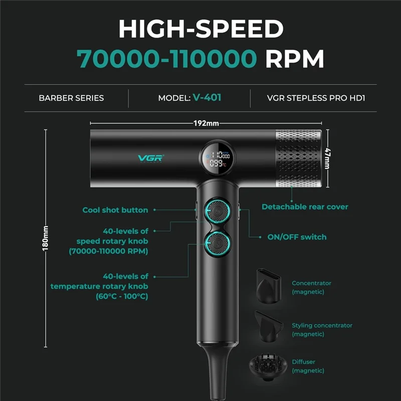 VGR 4 i 1 professionel barberkombi med hårklipper, skægtrimmer, folierazor og hårtørrer – med opladningsdok, EU-stik/kontakt / Sort