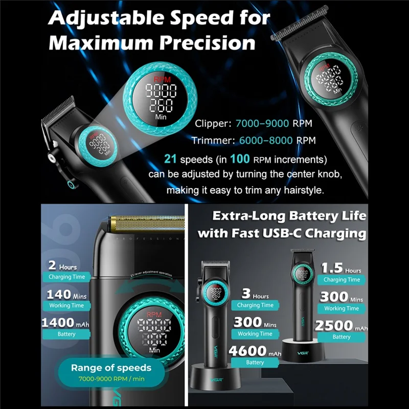 VGR 4 i 1 professionel barberkombi med hårklipper, skægtrimmer, folierazor og hårtørrer – med opladningsdok, EU-stik/kontakt / Sort