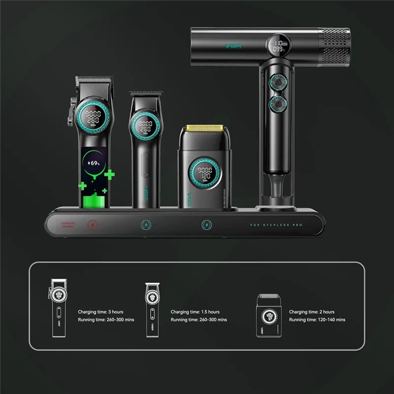 VGR 4 i 1 professionel barberkombi med hårklipper, skægtrimmer, folierazor og hårtørrer – med opladningsdok, EU-stik/kontakt / Sort