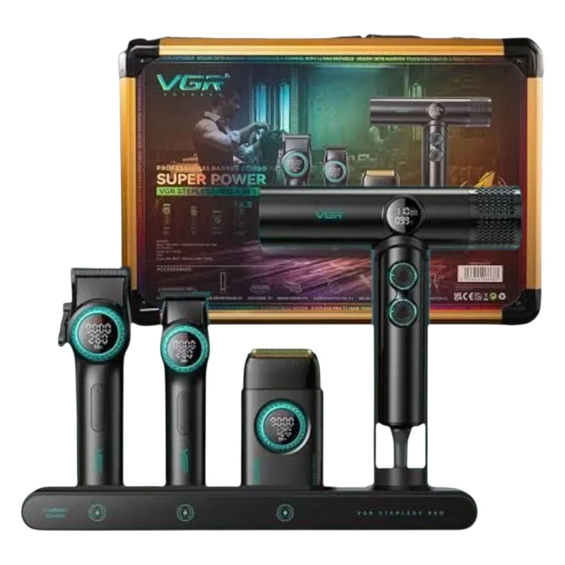 VGR 4 i 1 professionel barberkombi med hårklipper, skægtrimmer, folierazor og hårtørrer – med opladningsdok, EU-stik/kontakt / Sort