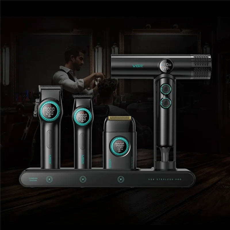 VGR 4 i 1 professionel barberkombi med hårklipper, skægtrimmer, folierazor og hårtørrer – med opladningsdok, EU-stik/kontakt / Sort